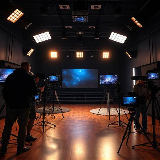 Imagen de un estudio de televisión con iluminación dramática y cámaras posicionadas